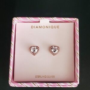 Diamonique Small Heart Shaped Earrings Rose Gold Over Sterling Silver Pave NWOT